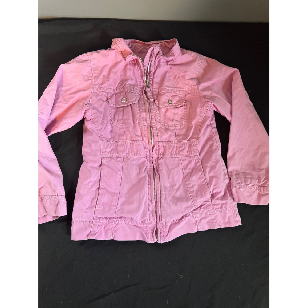 LL Bean Girls Pink Field Jacket Floral Lined Canvas Utility Coat Size Small 8